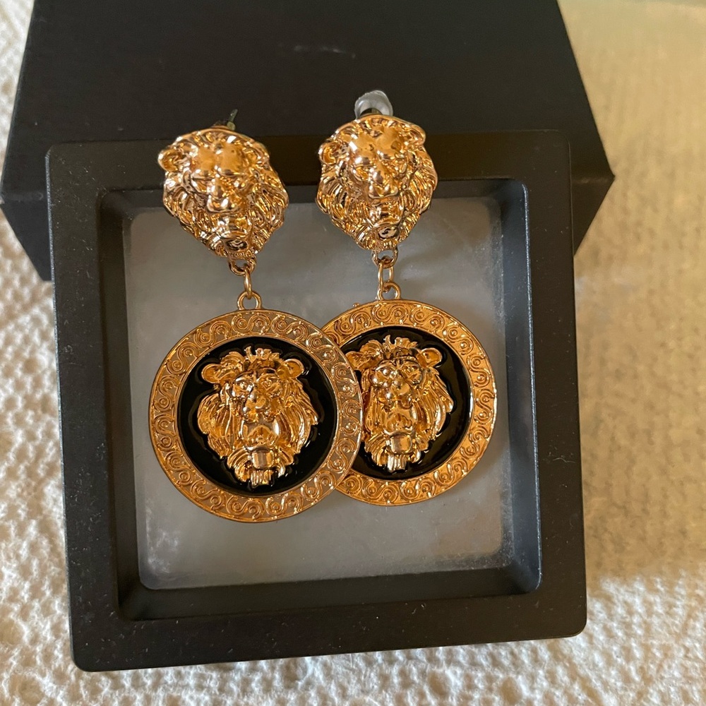 Gold and Black Lion Head Earrings